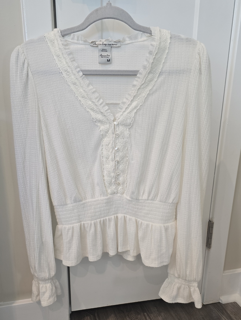 American Rag Ivory Lace-Trim Peplum Blouse